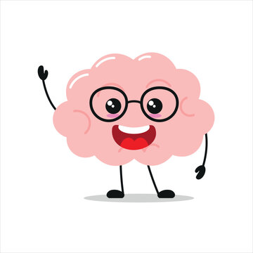 Cute happy brain character. Smiling and greet brain cartoon emoticon in flat style. encephalon emoji vector illustration