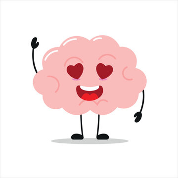 Cute happy brain character. Funny fall in love brain cartoon emoticon in flat style. encephalon emoji vector illustration