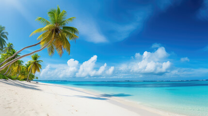 Beautiful beach background with calm sea white sand and palm tree. Generative ai