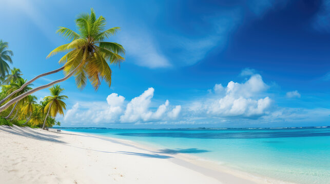 Beautiful beach background with calm sea white sand and palm tree. Generative ai