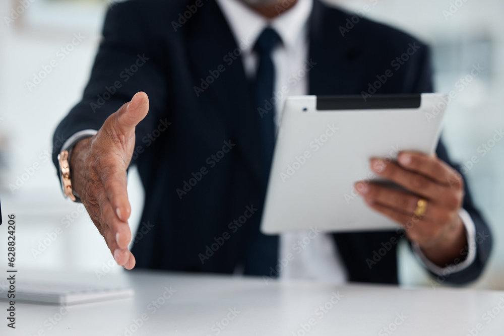 Sticker Handshake, meeting and a businessman with a tablet at work for an interview or company onboarding. Thank you, hr and a manager or employee extending a hand for welcome with technology for recruitment