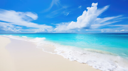 Obraz premium Beach background with white cloudy sky and clear wavy sea. Generative ai