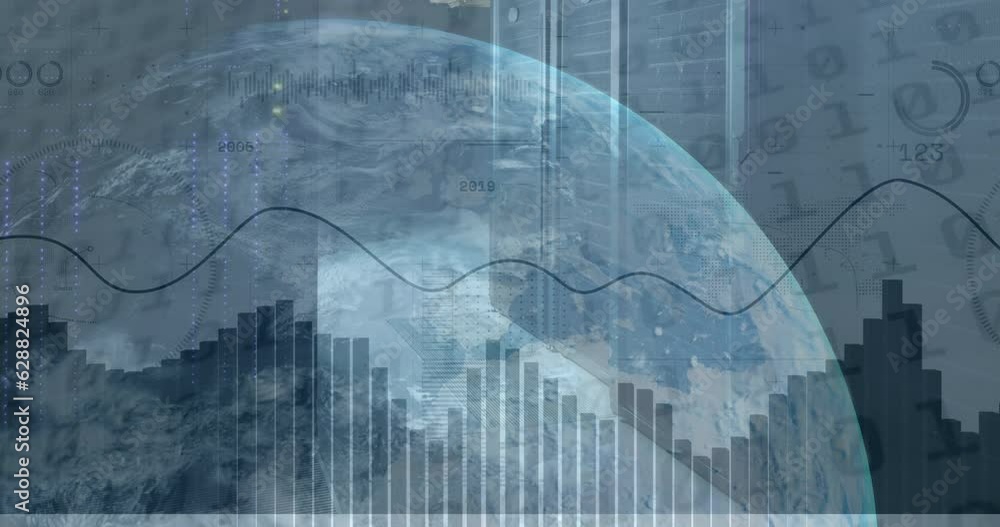 Poster animation of statistical data processing, globe and binary coding against server room
