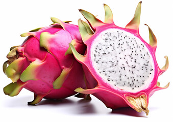 Pitaya dragon fruit whole and half on white background.Macro.AI Generative