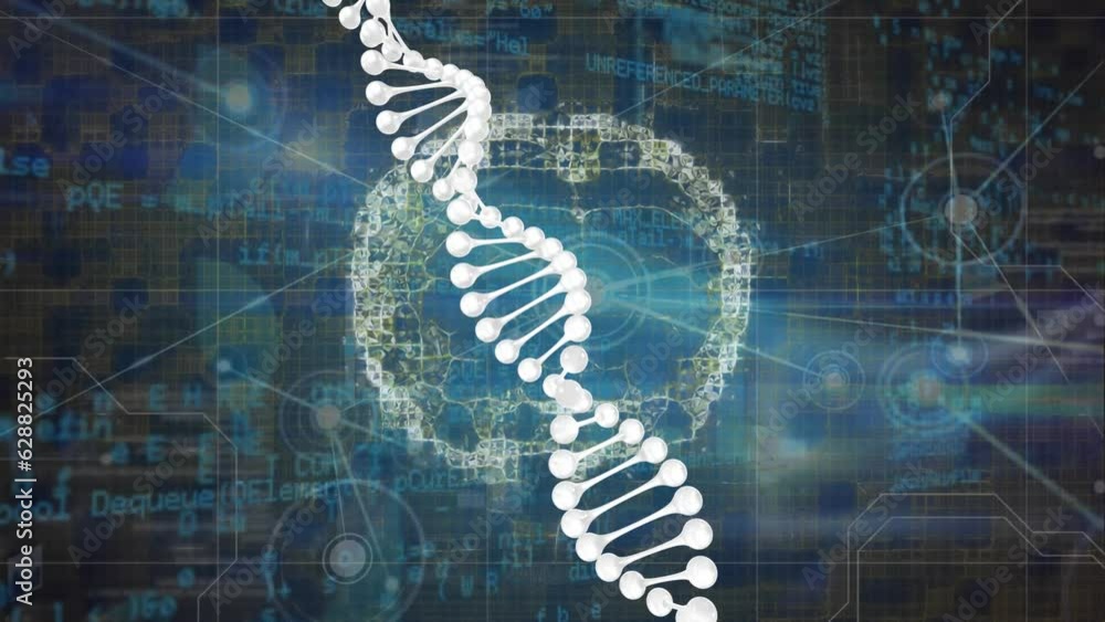 Aufkleber animation of dna structure, human brain icon and network of connections against data processing