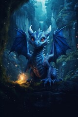 Cute little dragon. 3d rendering of a fantasy blue dragon on dark background.