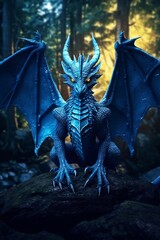 3d rendering of a fantasy blue dragon on dark background.