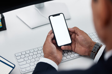 Hands, blank phone screen and man at desk with mockup space for logo, branding and communication. Businessman, smartphone and ux design for mobile app, internet or fintech promo at accounting agency