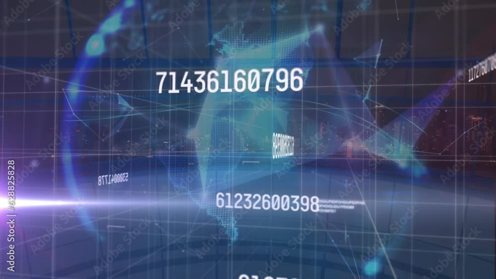 Poster animation of connected dots forming globe and numbers changing with codes against cityscape