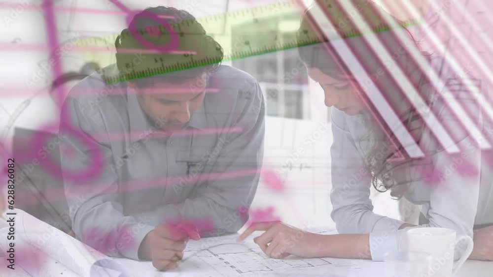 Poster animation of programming language and multiple graphs over caucasian coworkers analyzing blueprint