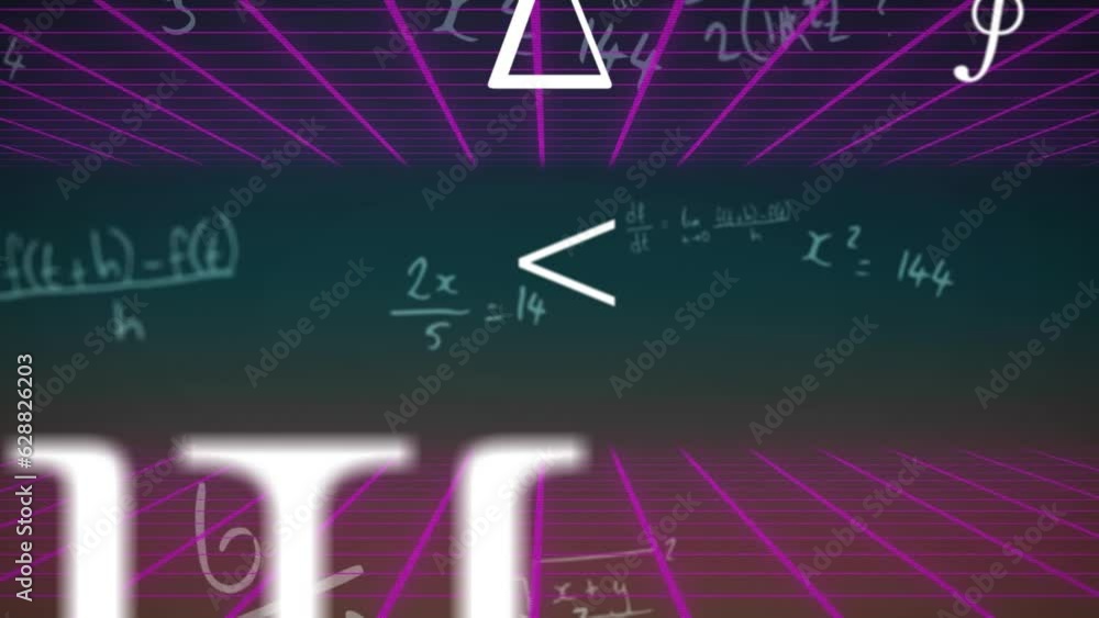 Poster animation of mathematics equations and symbols moving with illuminated grid on black background
