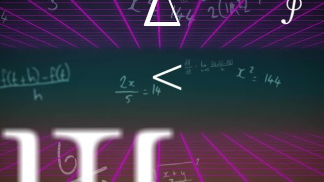 Animation of mathematics equations and symbols moving with illuminated grid on black background