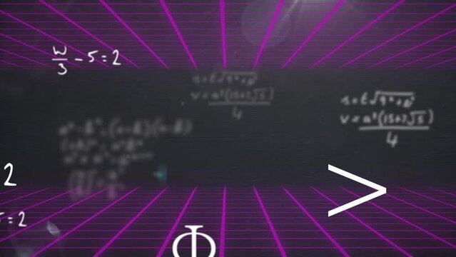 Animation of mathematics equations and symbols with illuminated grid moving on black background
