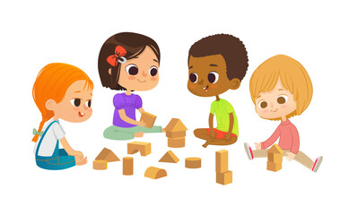 Smiling multicultural kids sit on floor in circle, play with toy cubes and talk. Children's entertainment, preschool and kindergarten activity concept. Vector illustration for website, banner, poster. - 628826450