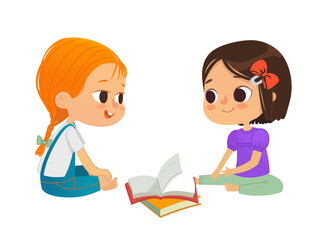Two girls with a book sitting on floor and talk. Children's entertainment, preschool and kindergarten activity concept. Vector illustration for website, banner, poster.