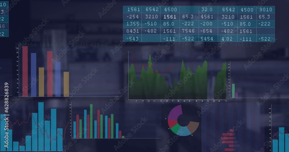 Poster animation of multiple charts and graphs over defocused cafes interior