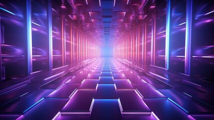 Obraz premium 3D Render, abstract fantastic neon background with rays and glowing lines. Empty performance stage with reflection. Generative AI