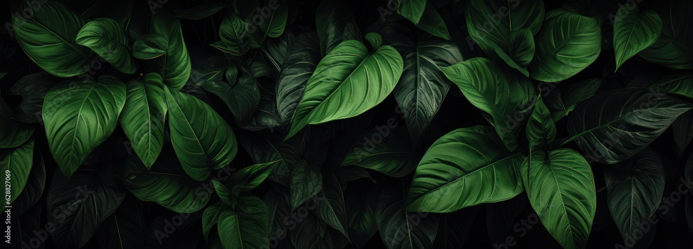 Poster dark green leaves background with copy space for text or image. flat lay. nature concept.