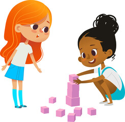 Preschool multicultural kids play with pink blocks build tower with pink cubes. Montessori materials concept.  illustration for poster, banner, website, flyer, advertisement.