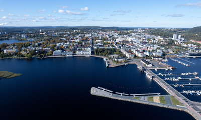 Drone aerial cityscape  of the city of Kuopio and the marina. Eastern finland Europe