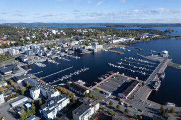Fototapeta premium Drone aerial cityscape of the city of Kuopio and the marina. Eastern finland Europe