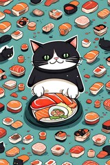an illustrated t-shirt design featuring a cartoon cat and  sushi. A very cute style of drawing. 