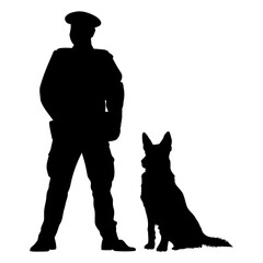 Security guard and dog standing silhouette. vector illustration