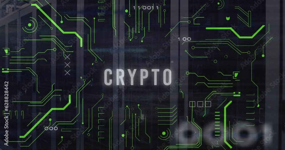 Poster animation of crypto text and electronic circuit board pattern over data server systems