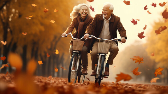 Happy senior couple riding a bicycle during autumn. Happy retired hetero couple cycling. Trees with autumn colors in the background. Good life insurance. Togetherness