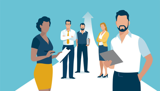 Success. Experts. Team of five people standing in front of the rising path. Business flat vector illustration. 