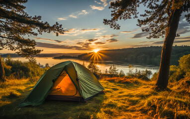 A camping tent in the woods in front of a spectacular lake panorama at sunset