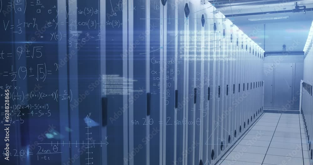 Poster animation of mathematical equations with symbols and codes over server room