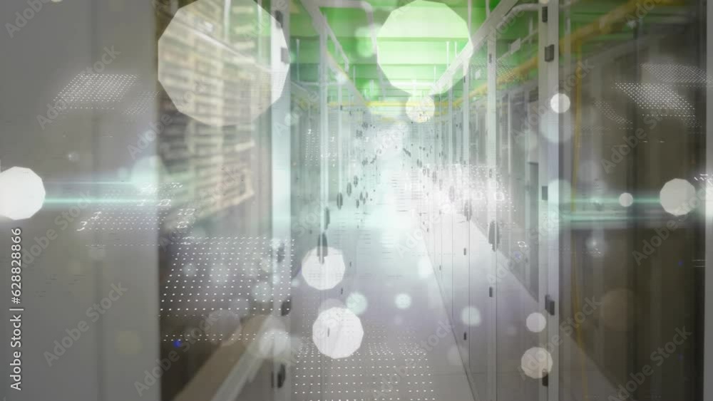 Poster animation of illuminated lens flares and computer language moving over server room