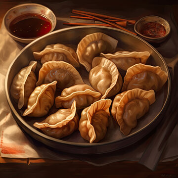 Chinese Fried dumplings with dipping sauce created with Generative AI technology