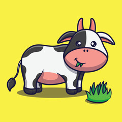 cute cow eating grass cartoon vector icon animal illustration kawaii