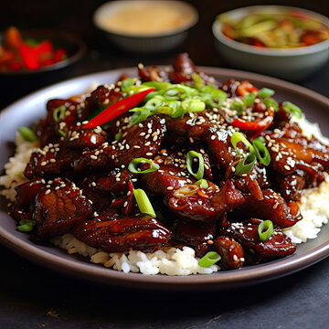 Chinese mongolian beef on bed of white rice garnished with green onions dish  created with Generative AI technology