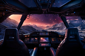 Fototapeta premium Futuristic Cockpit of spaceship control system room with planets view scenery, Outer space, astronaut. Planet horizon