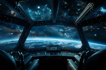 Futuristic Cockpit of spaceship control system room with planets view scenery, Outer space, astronaut. Planet horizon