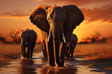 Powerful elephants walking in the fantastic light. Generative AI