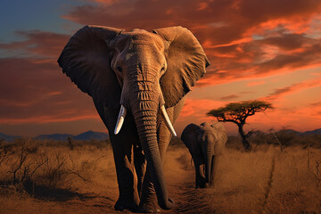 Fototapeta na wymiar Powerful elephants walking in the fantastic light. Generative AI