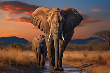 Powerful elephants walking in the fantastic light. Generative AI
