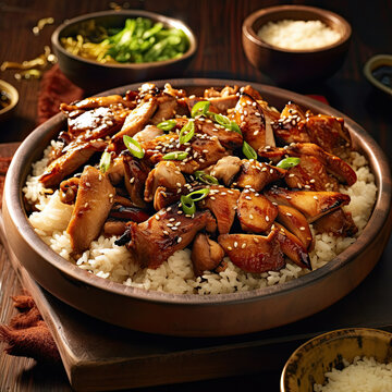 Chinese teriyaki chicken with white rice created with Generative AI technology