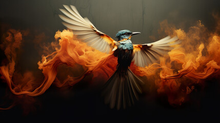 Abstract Nuthatch Bird in flight, wings dissolving into a smoke