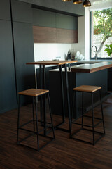 Empty coffee table over defocused coffee shop background with copy space. High quality photo