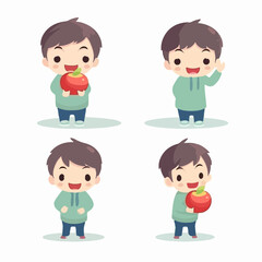 Obraz premium Vector illustration of a young boy with an apple, cartoon pose.