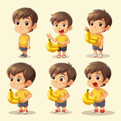 Cartoon boy holding a banana, vector pose, young kid, cartoon style.