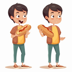 Boy munching on a hot-dog, cartoon illustration, child, multipose.
