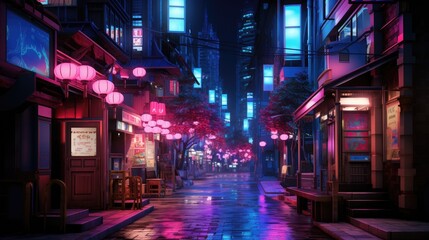 Neon night scene in an urban city . generative ai