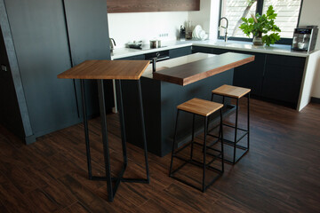 Empty coffee table over defocused coffee shop background with copy space. High quality photo