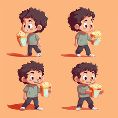 Cartoon of a child with a cup of popcorn, vector pose, young kid.